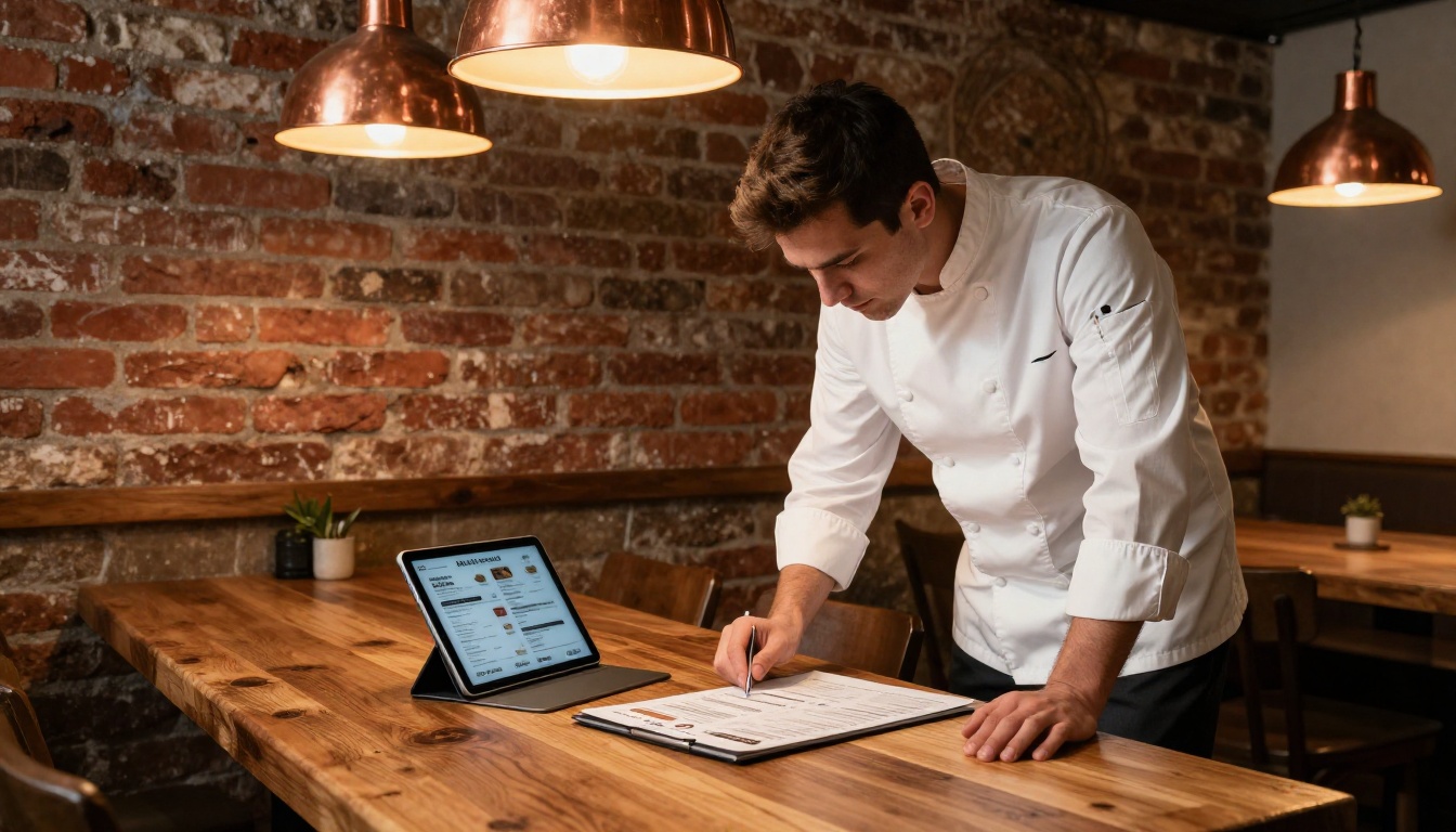 Restaurant owner in white chef's coat examining digital menu on iPad in warm bistro with exposed brick walls