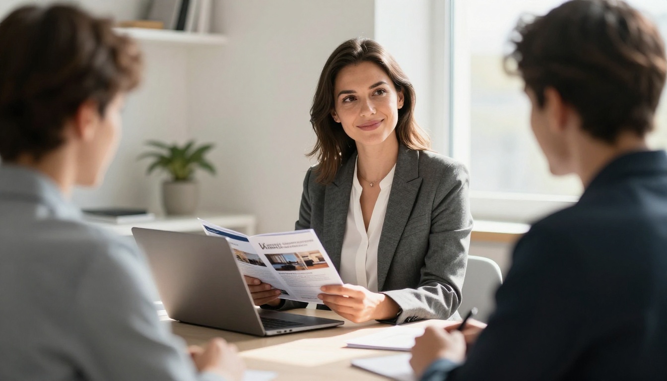 Real estate agent in charcoal blazer presenting digital property brochure on laptop to clients across office desk