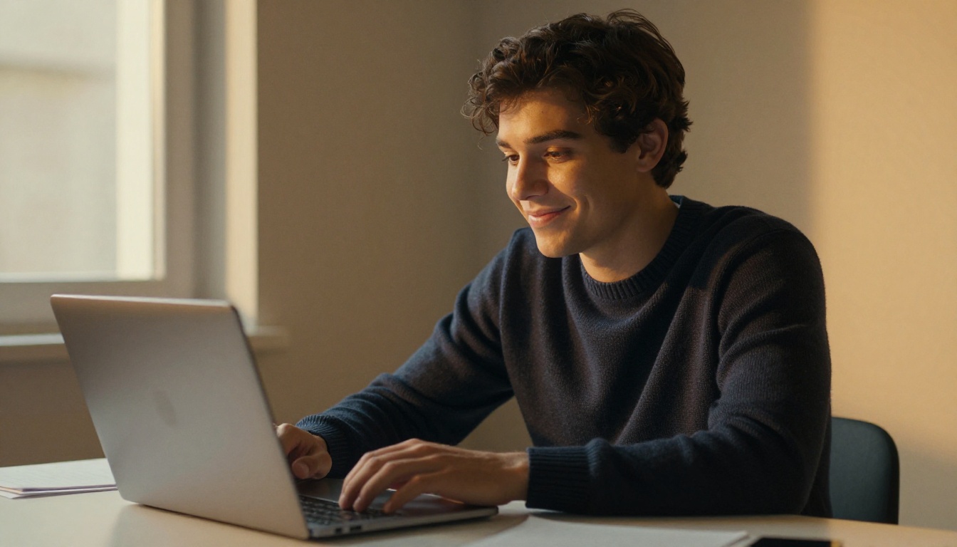 Young professional man in dark navy sweater smiling quietly at laptop in warm golden afternoon light