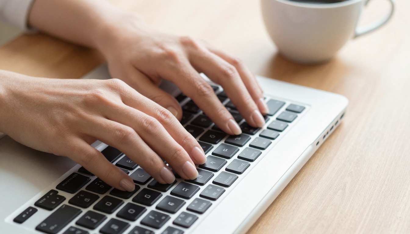 Close-up of feminine hands resting on silver MacBook keyboard on warm ash wood desk with soft morning window light