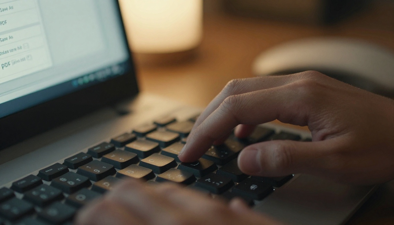 Close-up of designer's hands saving Photoshop file with PDF export dialog visible on screen