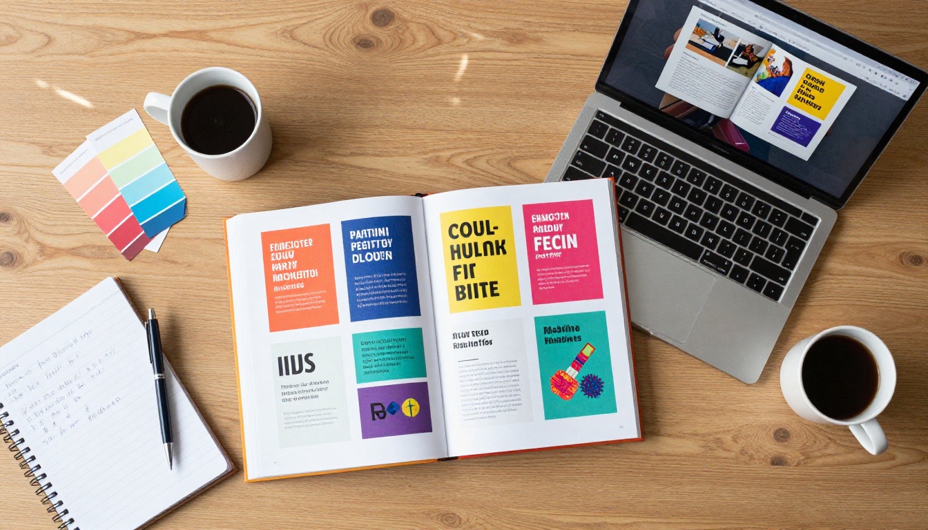 Designer's aerial desk view with printed portfolio and flipbook interface on laptop