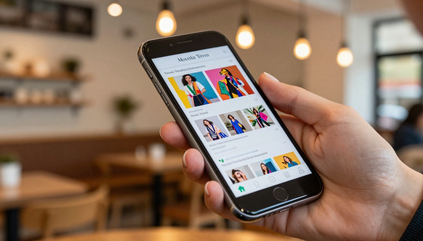 Woman holding smartphone with fashion lookbook flipbook displayed mid-page-turn in warm cafe setting