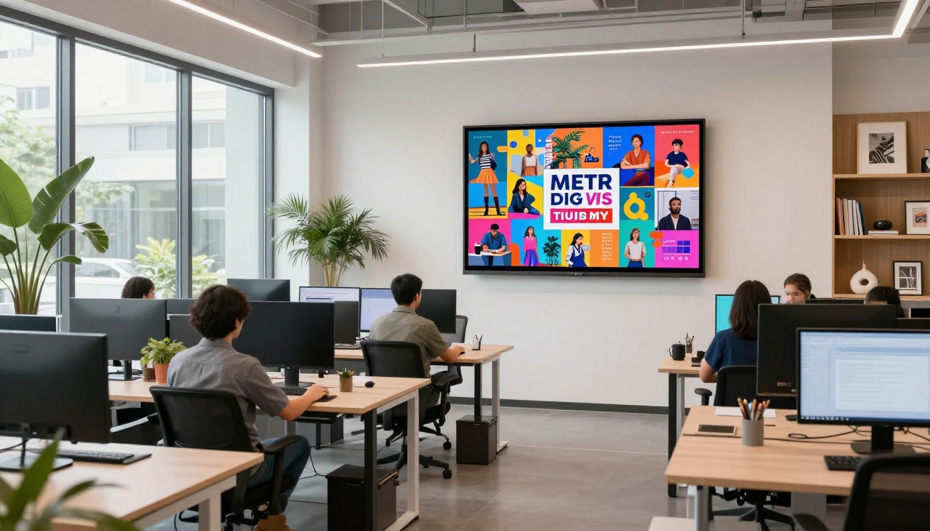 Creative agency open-plan office with wall-mounted display showing colorful interactive flipbook presentation