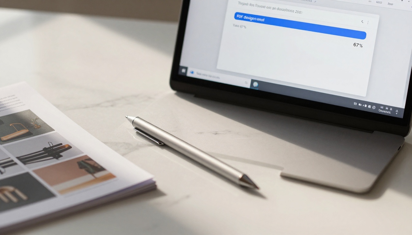 Laptop screen showing PDF file upload interface with progress bar on marble surface