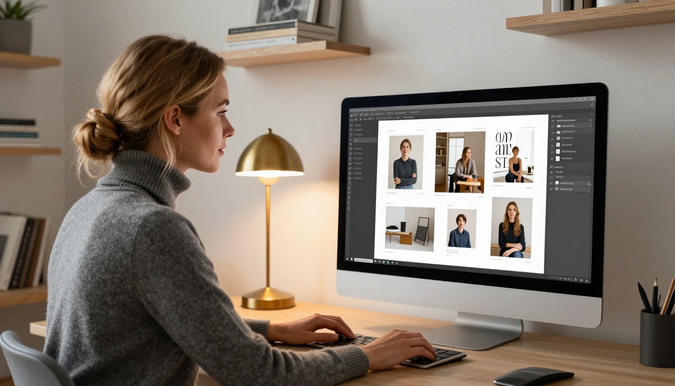 Female designer reviewing digital portfolio flipbook on large curved monitor at home studio