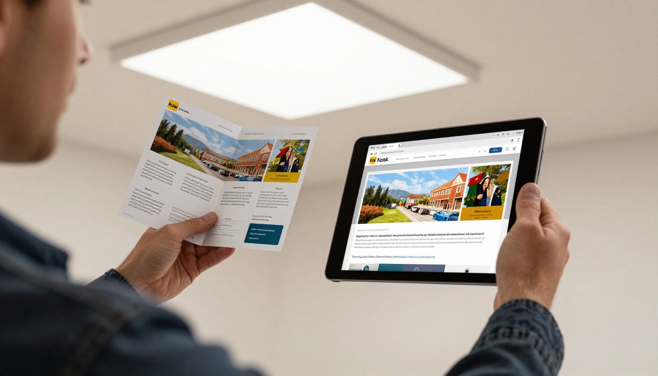 Designer holding printed brochure in one hand and tablet with identical flipbook design in the other hand