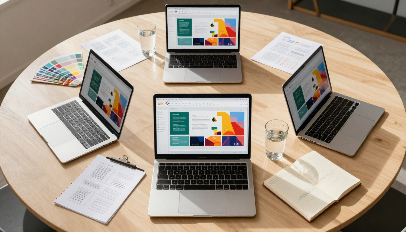 Aerial conference table view with three laptops displaying the same flipbook brand project from different angles