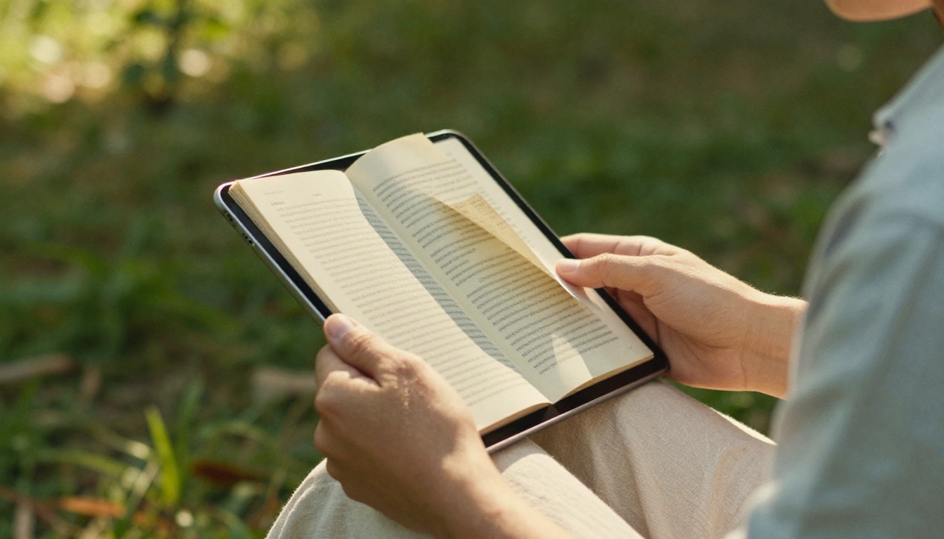 Digital flipbook page turning effect on a tablet held in a garden Digital flipbook page turning effect on a tablet held in a garden