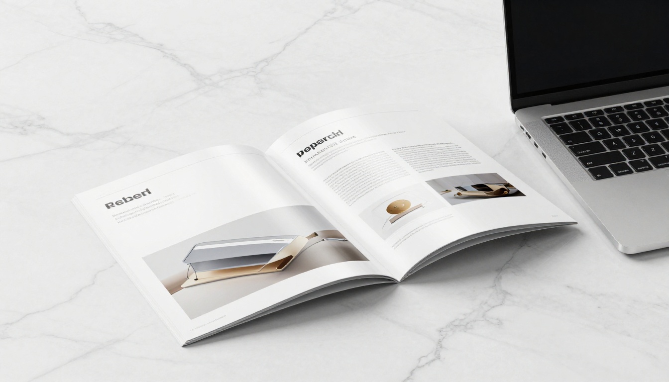 Printed brochure versus digital flipbook comparison on a marble surface Printed brochure versus digital flipbook comparison on a marble surface