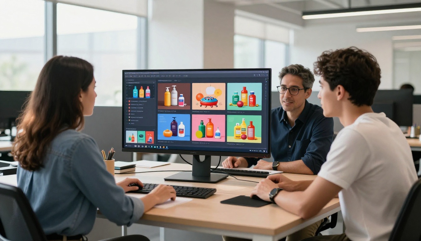 Team of professionals viewing a digital catalog on a large office monitor Team of professionals viewing a digital catalog on a large office monitor