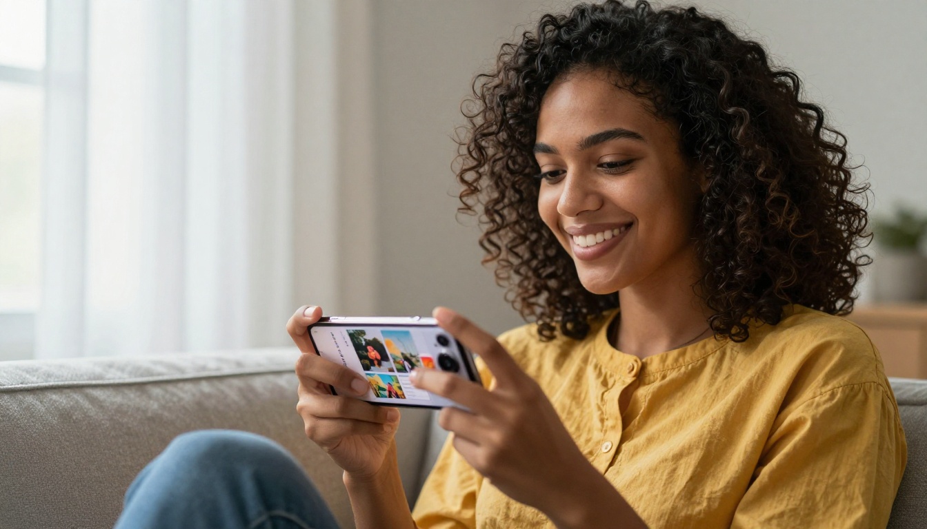 Woman sharing a flipbook link on her smartphone with a smile Woman sharing a flipbook link on her smartphone with a smile