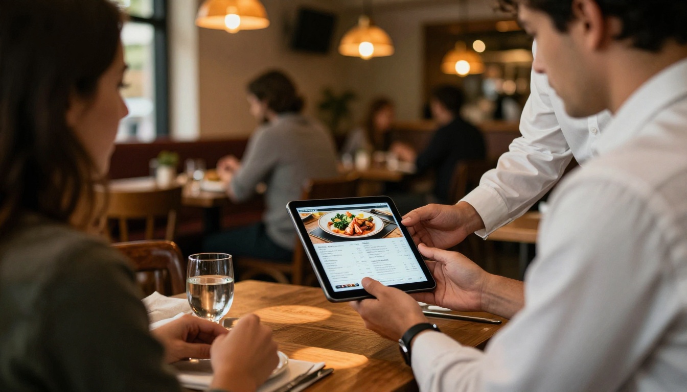 Warm restaurant interior with waiter presenting a digital menu flipbook on a tablet to dining guests Warm restaurant interior with waiter presenting a digital menu flipbook on a tablet to dining guests