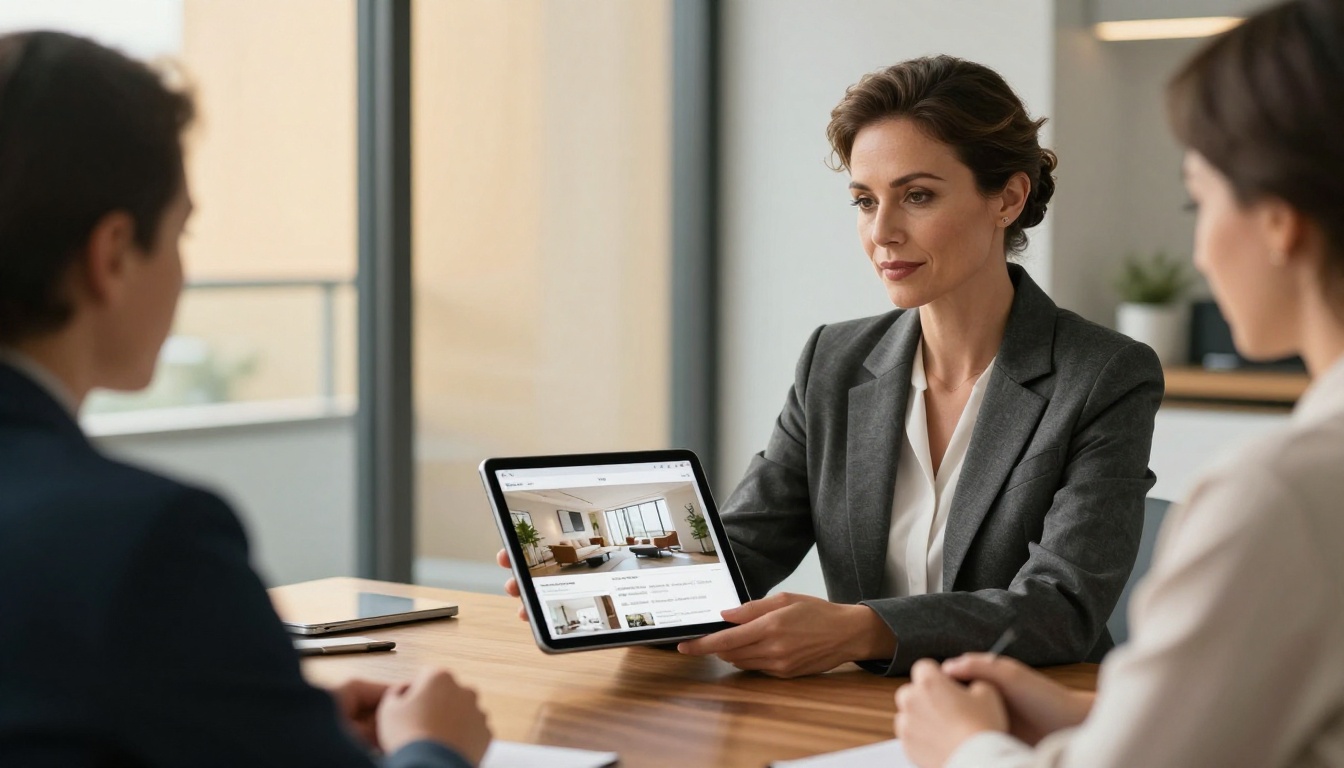 Real estate agent presenting a property flipbook on an iPad to clients at a meeting Real estate agent presenting a property flipbook on an iPad to clients at a meeting