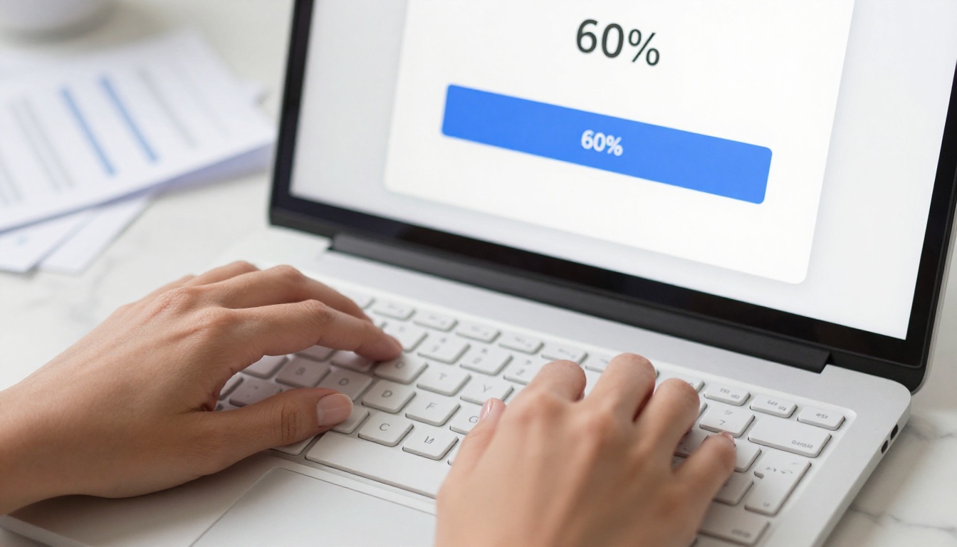 Close-up of hands uploading a PDF file on a laptop with a blue progress bar on screen