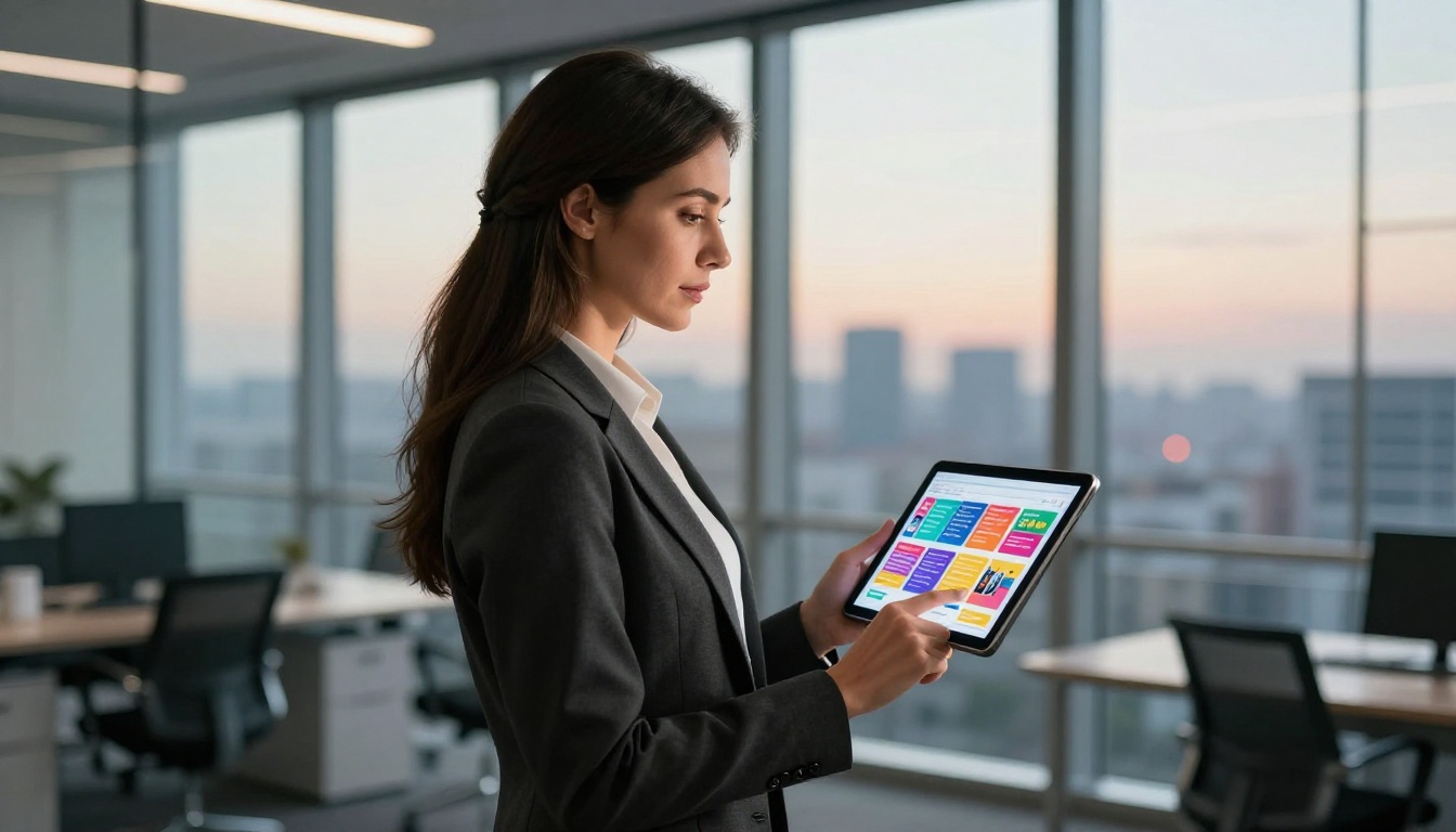 Businesswoman in a modern office holding a tablet showing a vivid product catalog flipbook