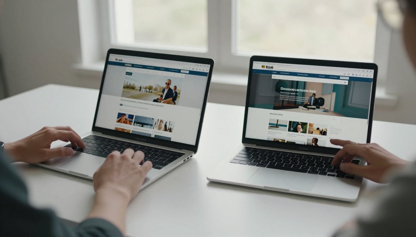 Two laptops side by side comparing digital flipbook tools