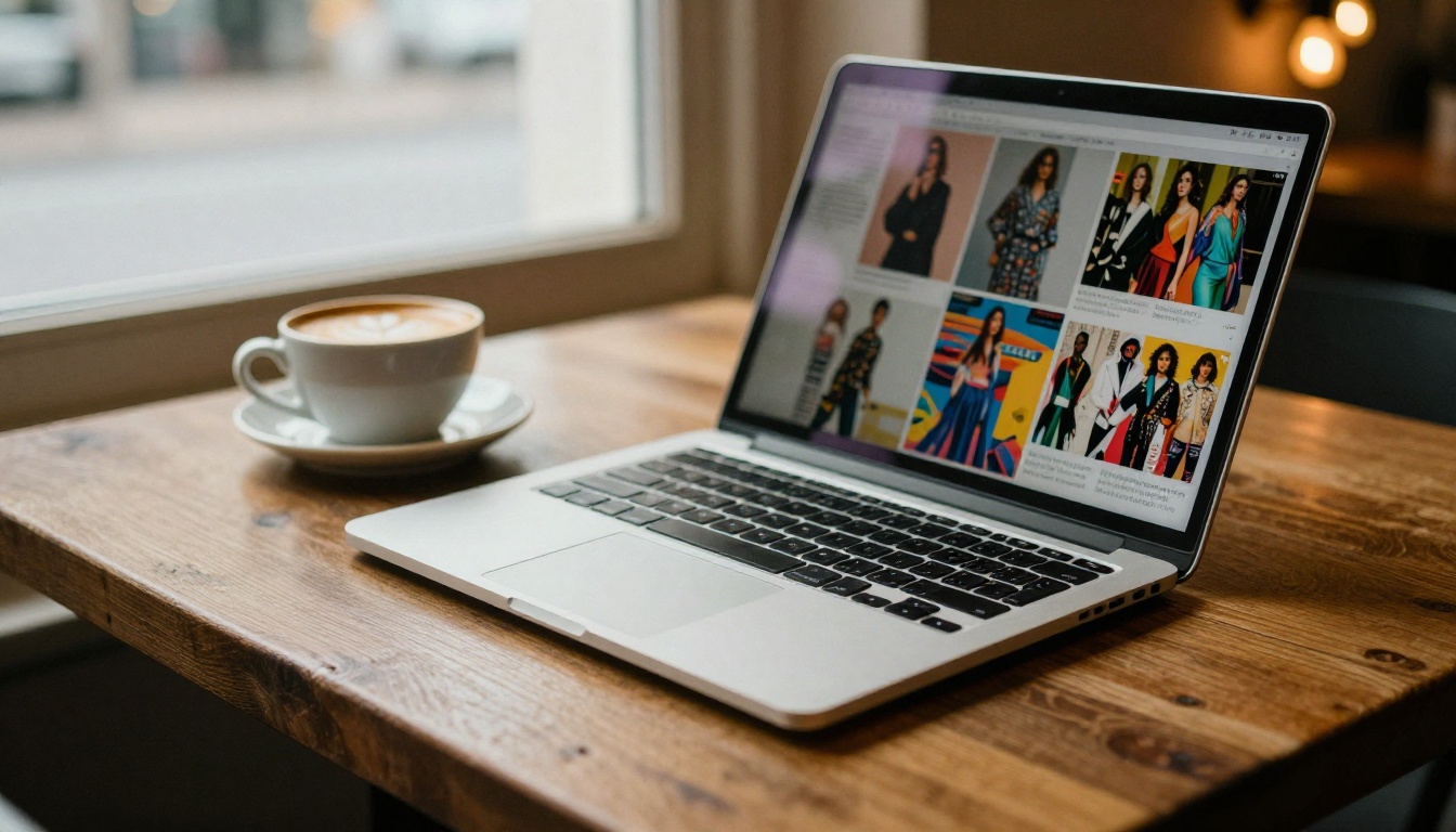 Low-angle view of a rustic cafe table with a slim laptop showing a colorful fashion catalog flipbook and a ceramic latte