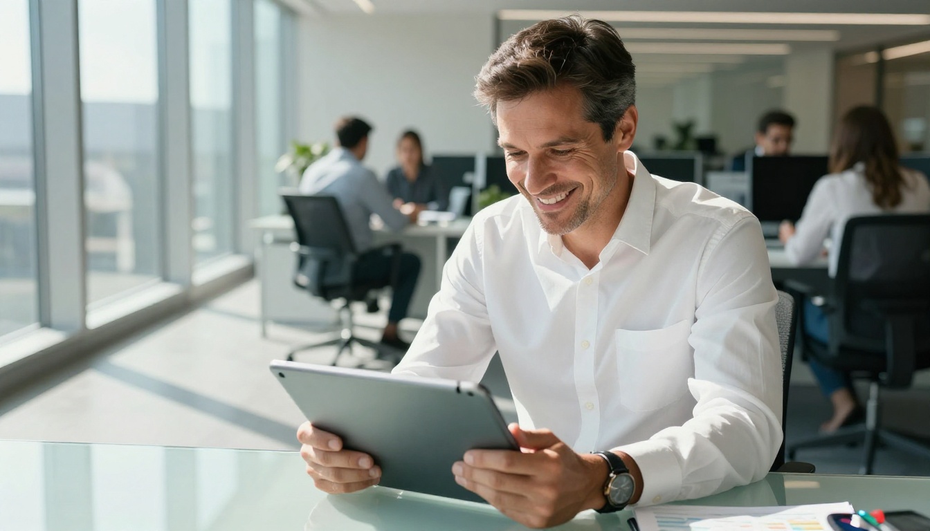 Businessman smiling with tablet showing digital brochure