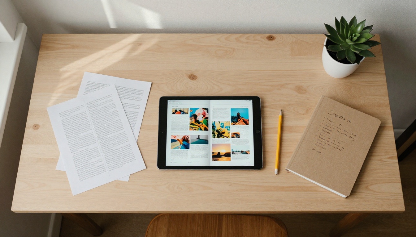 Aerial flat-lay of a minimal workspace with an iPad showing a colorful magazine flipbook, a notebook, and a succulent plant