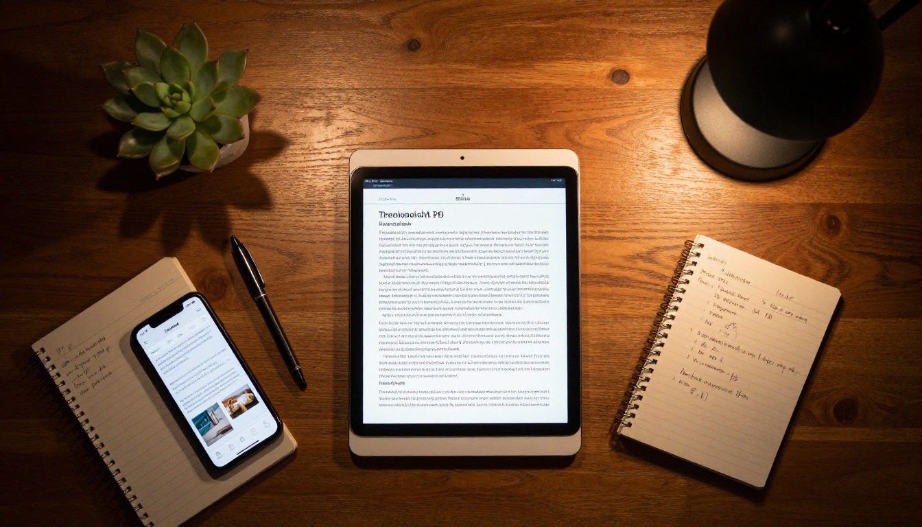 Flat-lay desk with PDF document and smartphone showing flipbook app