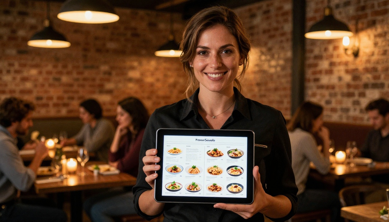 Restaurant manager showing a digital menu flipbook on a tablet to guests in a warm restaurant interior