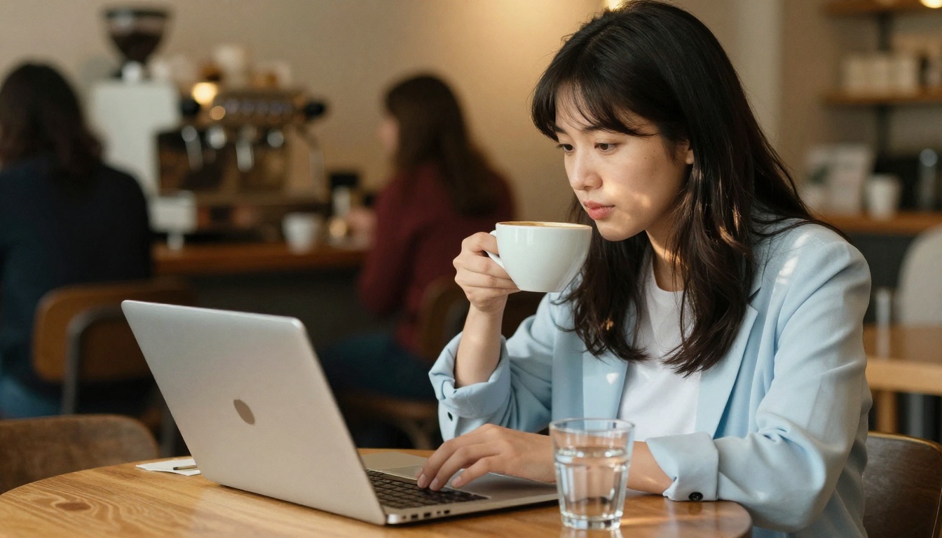 Young professional woman working on laptop in coffee shop