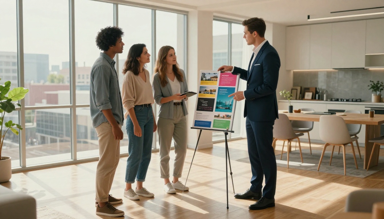 Real estate agent showing a luxury property brochure flipbook on an iPad to a young couple in a modern bright apartment
