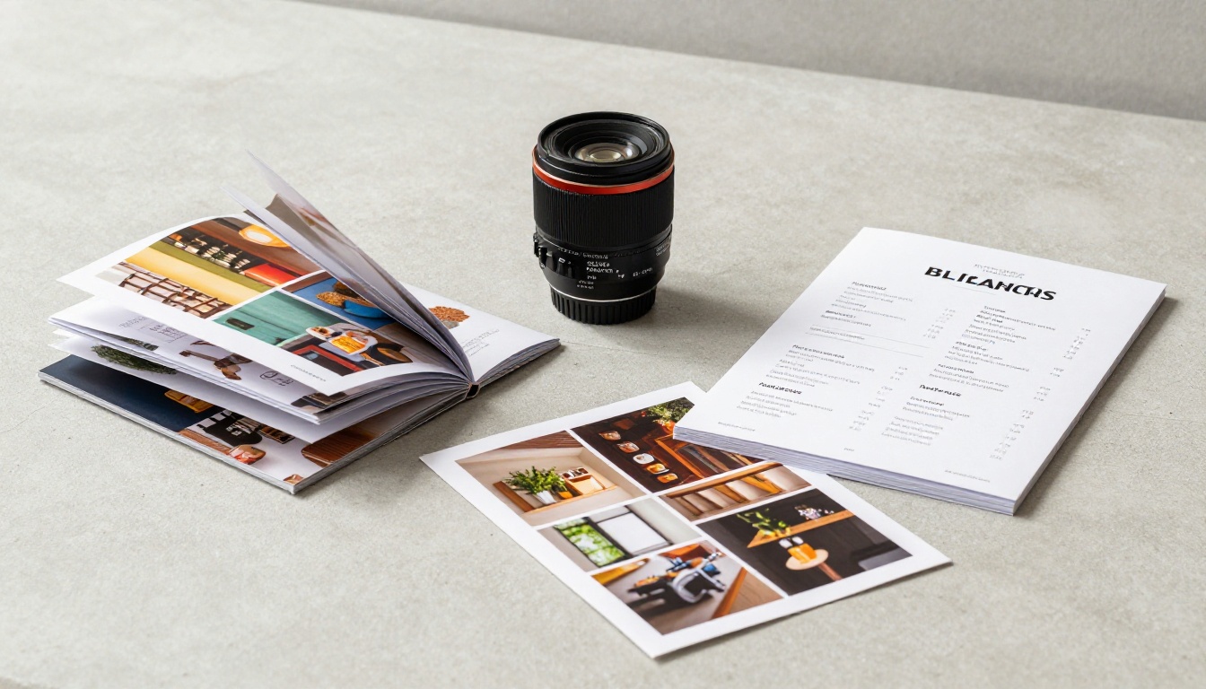 Neatly arranged marketing materials including catalogs and brochures on concrete surface