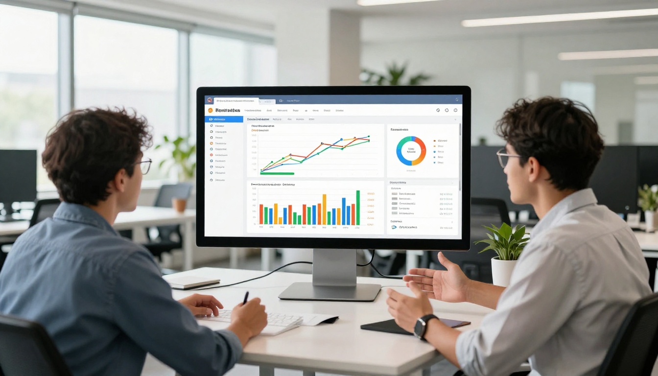 Marketing team around a large screen showing a flipbook analytics dashboard with bar charts and engagement statistics