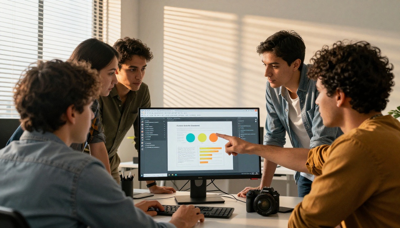Small team collaborating around a monitor with digital publication