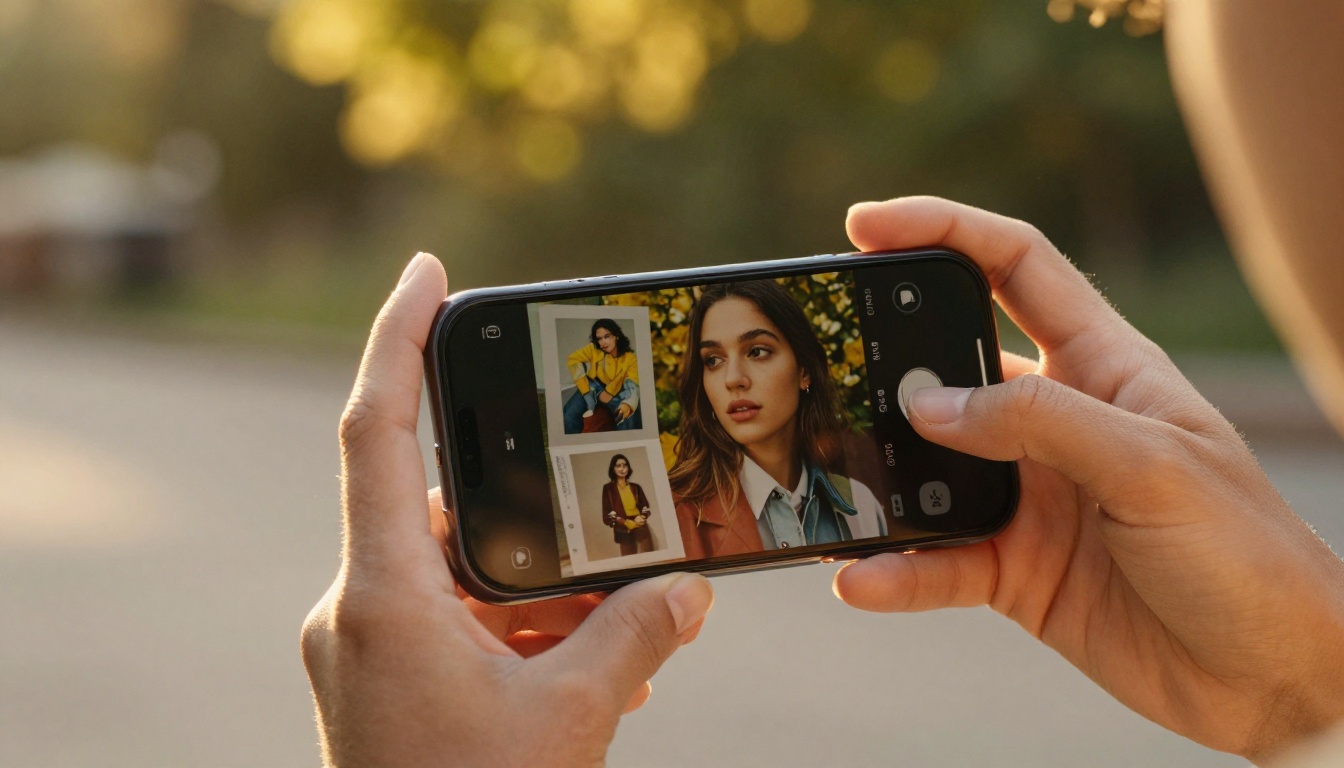 Young woman's hands holding a smartphone showing a vivid fashion lookbook flipbook in warm golden sunlight bokeh