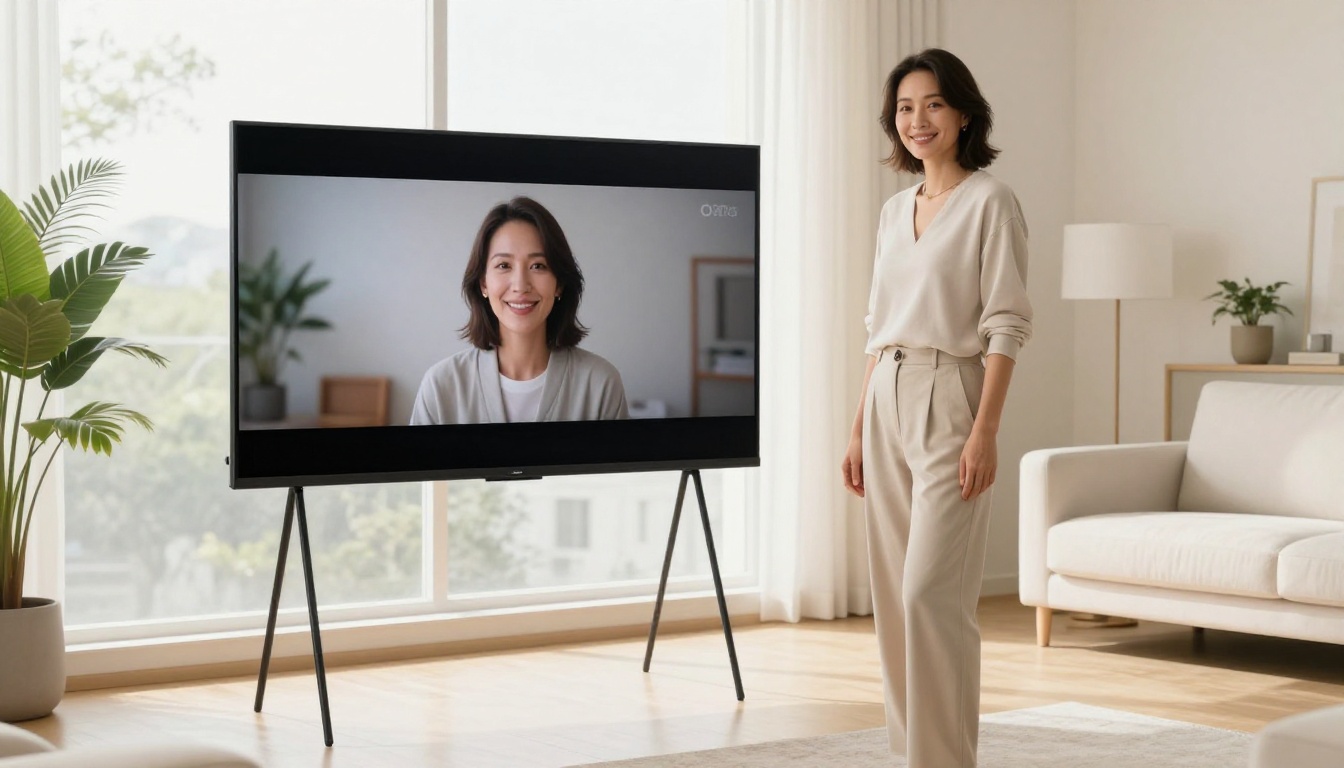 Professional woman standing beside smart TV displaying digital portfolio