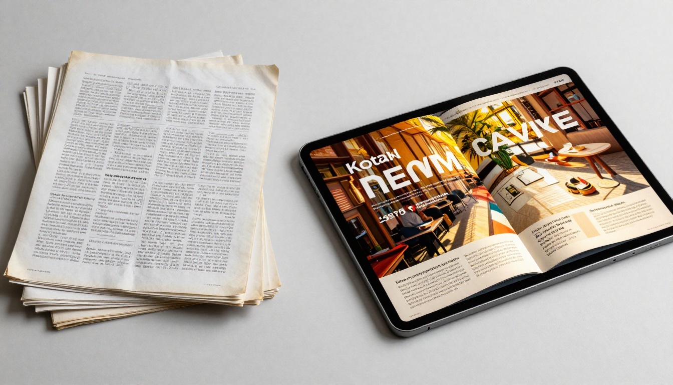 Static printed PDF documents stacked on a desk versus a vivid colorful interactive flipbook open on a tablet