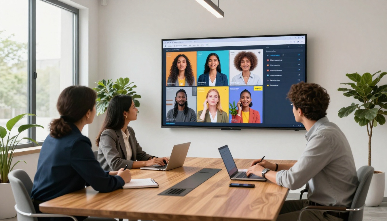 Three business professionals around a conference table reviewing a digital catalog on a wall-mounted display