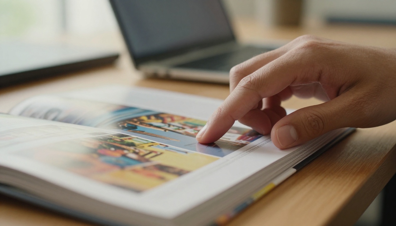 Close-up of hands delicately turning pages of a printed catalog