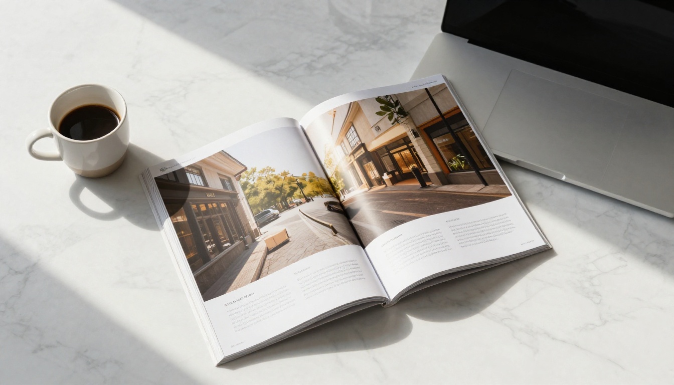 Overhead flat-lay of an open glossy magazine beside a laptop showing a digital flipbook on white marble