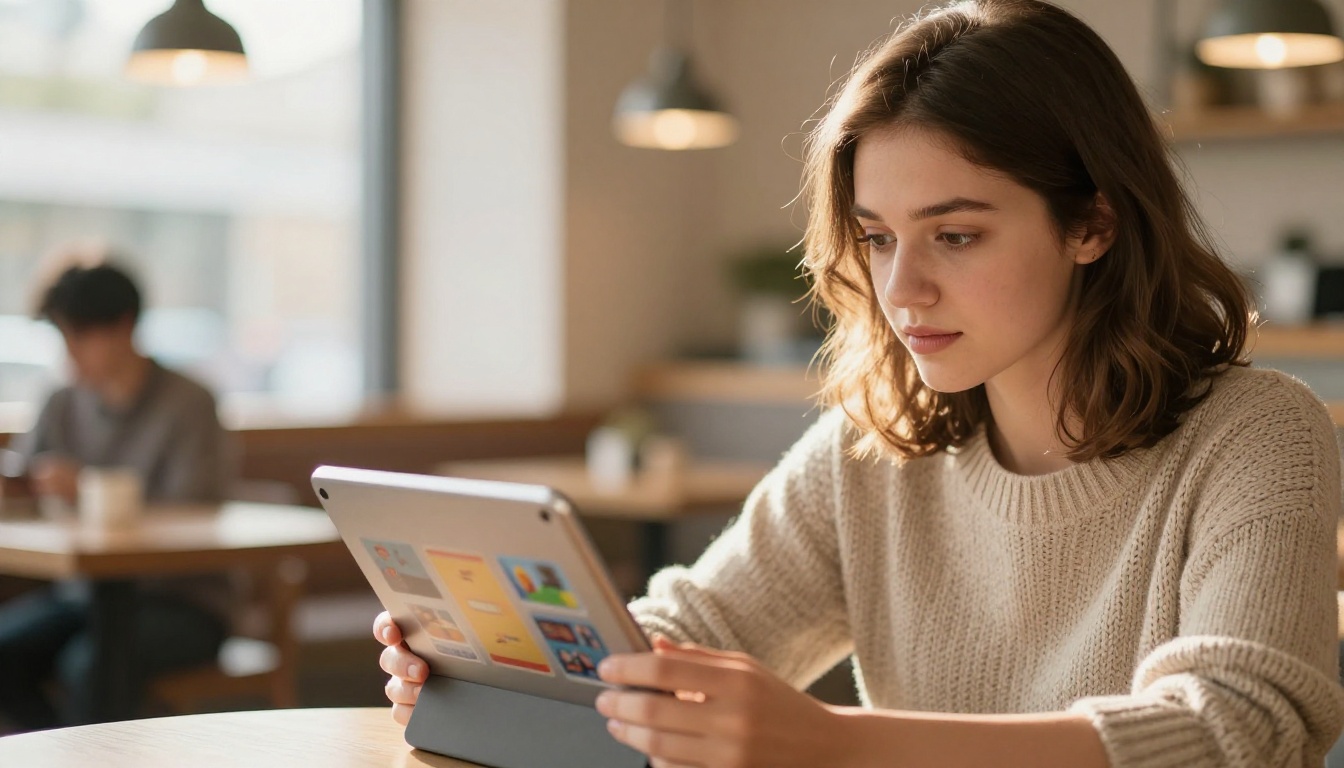 Young woman at a bright cafe looking at a colorful digital flipbook on a tablet