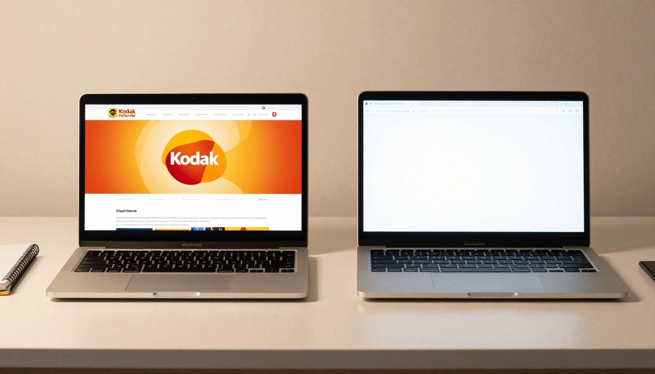 Two laptops side by side showing a branded flipbook versus a watermarked generic interface on a clean desk