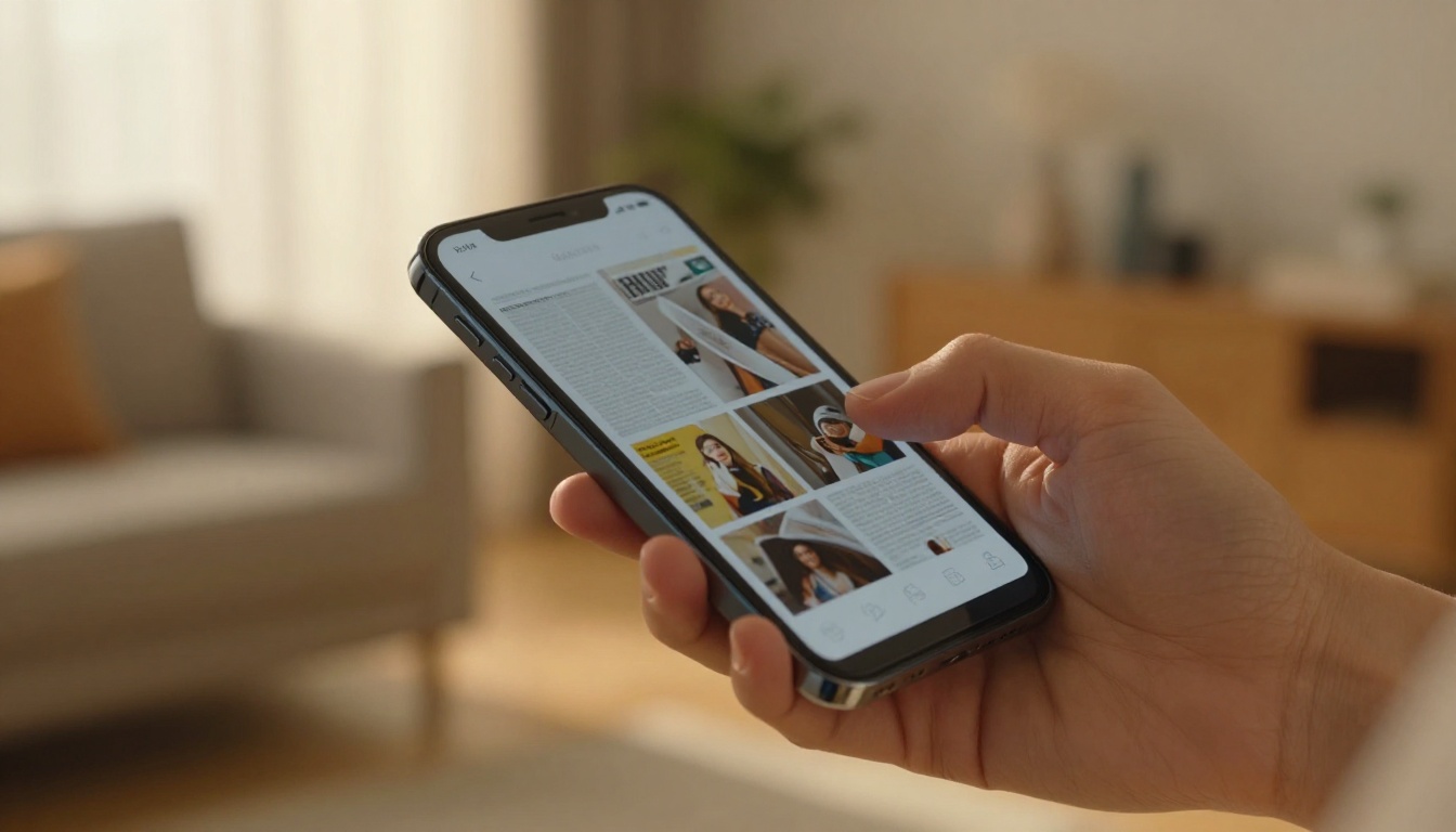 Woman's hand holding a smartphone showing a mobile flipbook mid-page-turn with a warm living room in the background