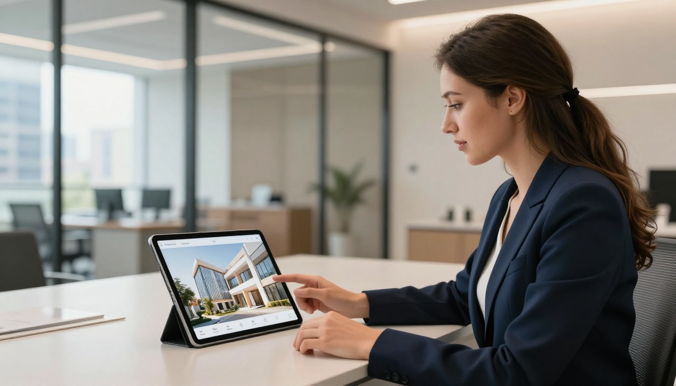 Real estate agent presenting a digital property brochure flipbook on a tablet to a young couple across a modern desk