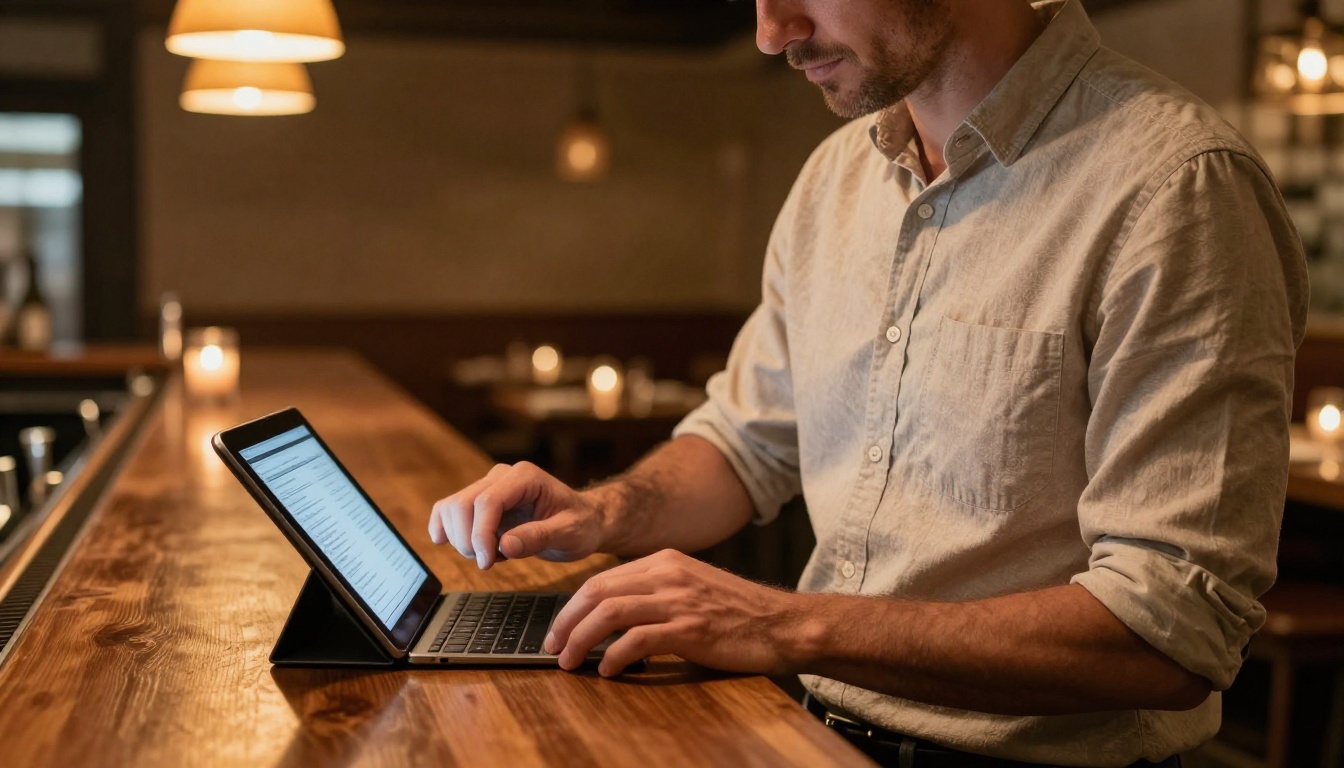 Restaurant owner reviewing a digital menu flipbook on an iPad behind a warm amber-lit bar counter