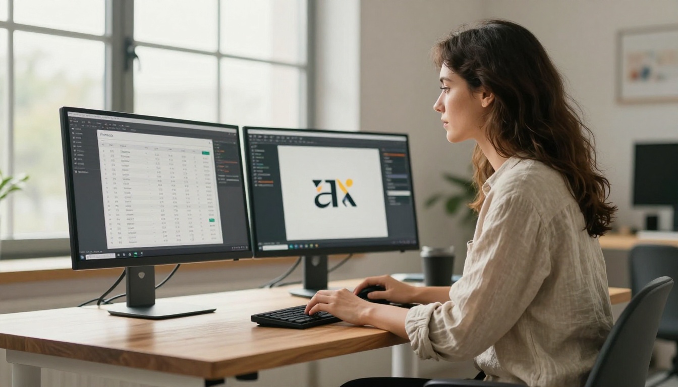 Creative designer at a standing desk with dual monitors showing pricing comparison and a flipbook being customized