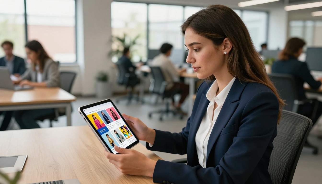 Businesswoman reviewing digital catalog on tablet in bright coworking space Businesswoman reviewing digital catalog on tablet in bright coworking space
