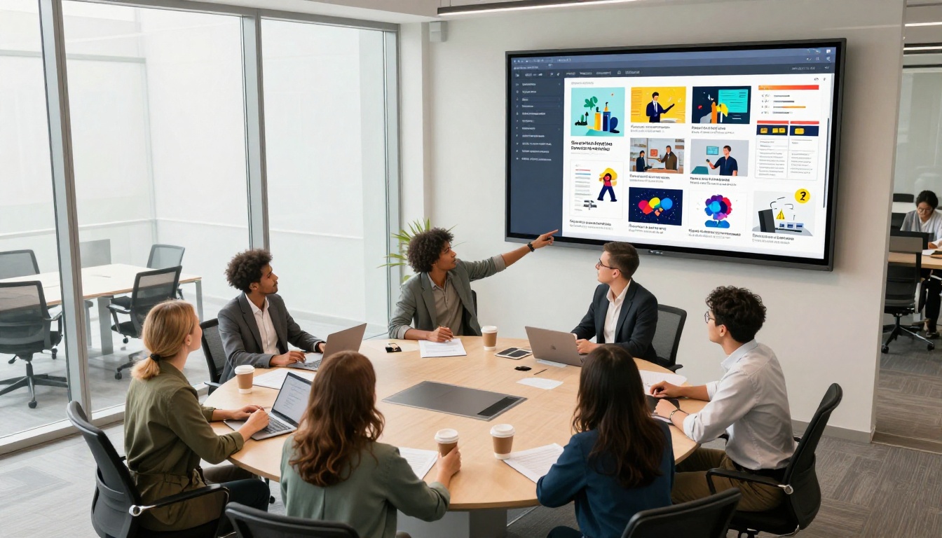 Marketing team reviewing flipbook presentation on large screen in conference room Marketing team reviewing flipbook presentation on large screen in conference room