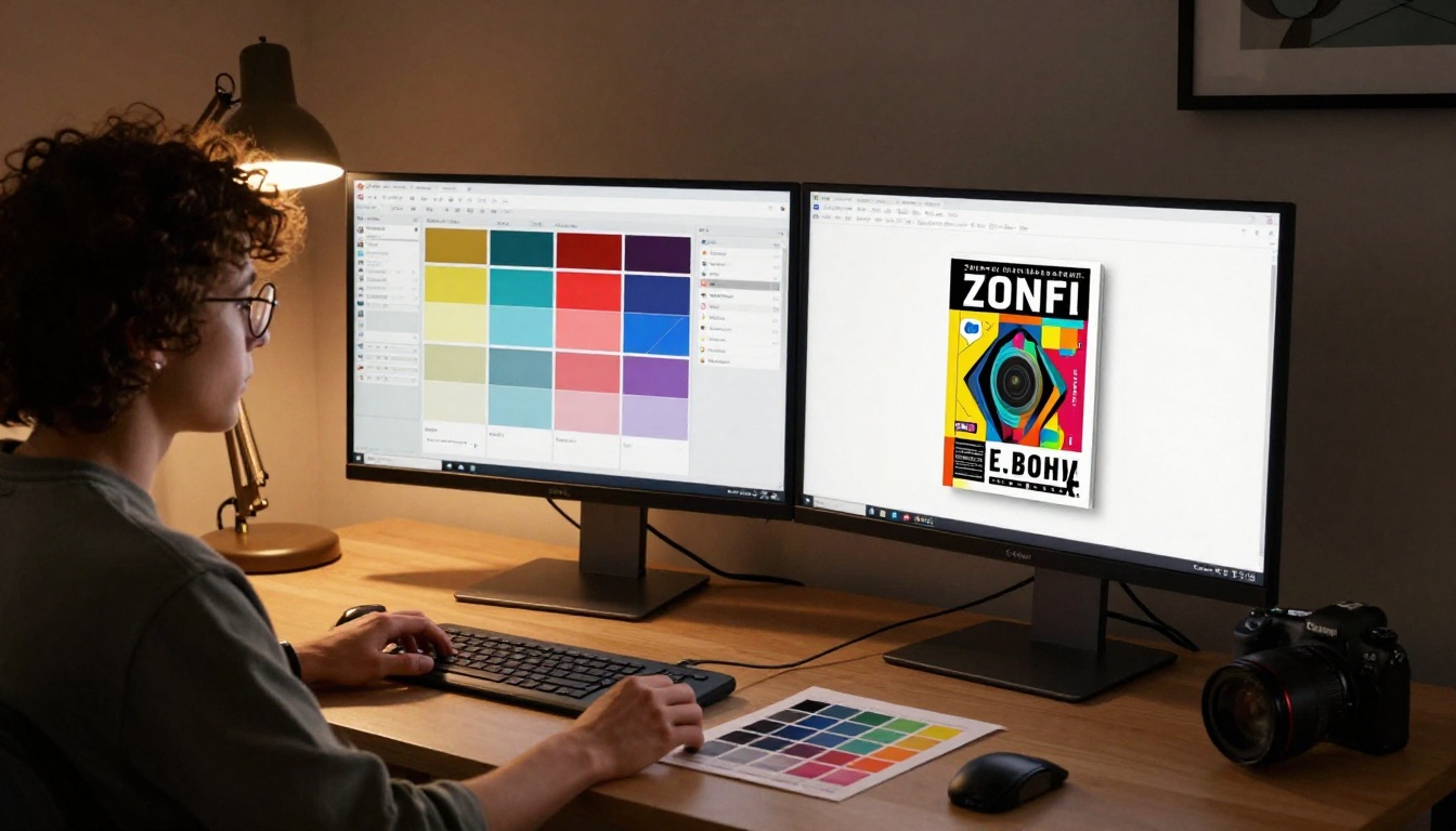 Designer customizing flipbook branding on dual-monitor setup in studio Designer customizing flipbook branding on dual-monitor setup in studio