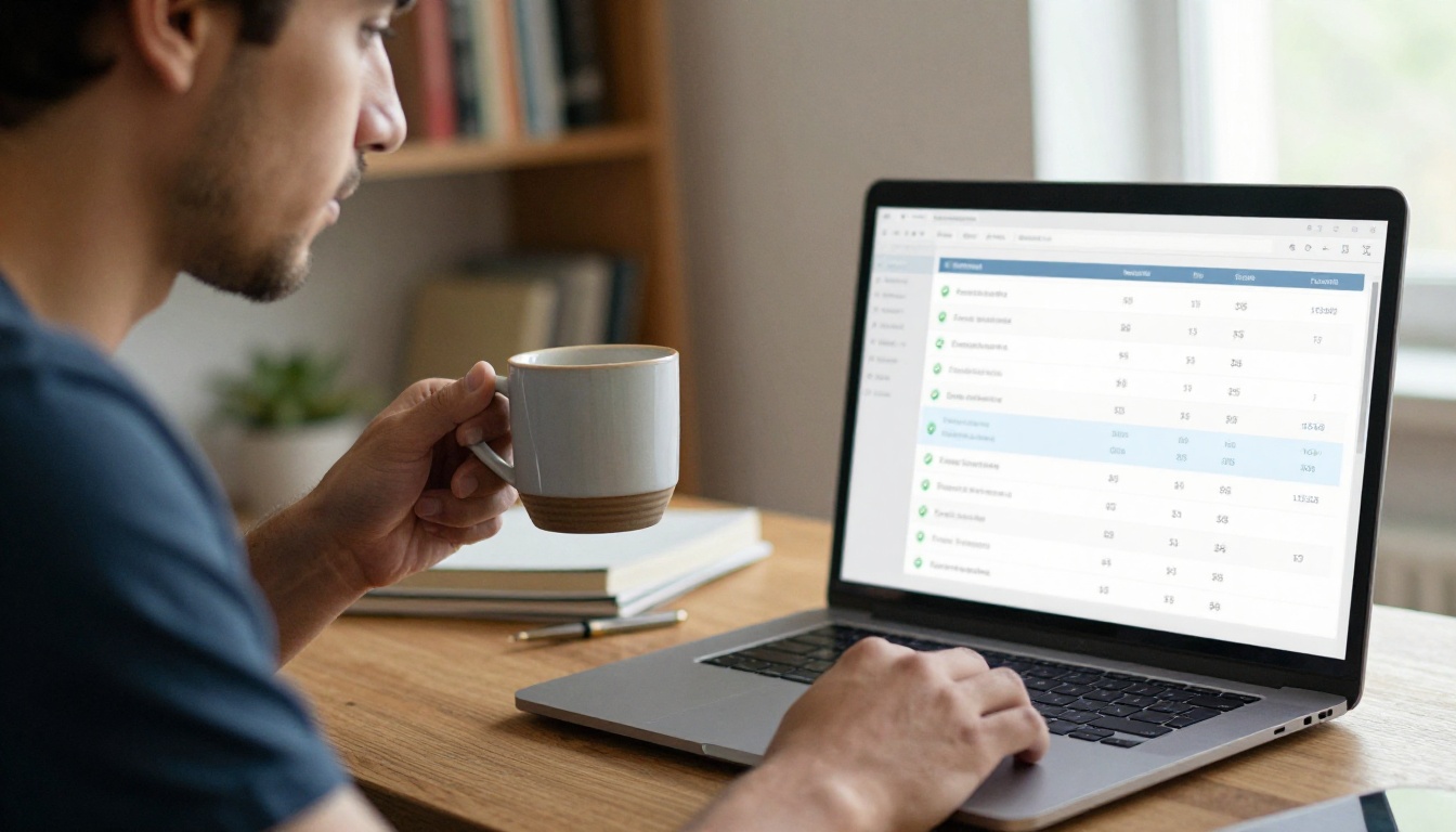 Entrepreneur reviewing pricing comparison on laptop while holding coffee Entrepreneur reviewing pricing comparison on laptop while holding coffee