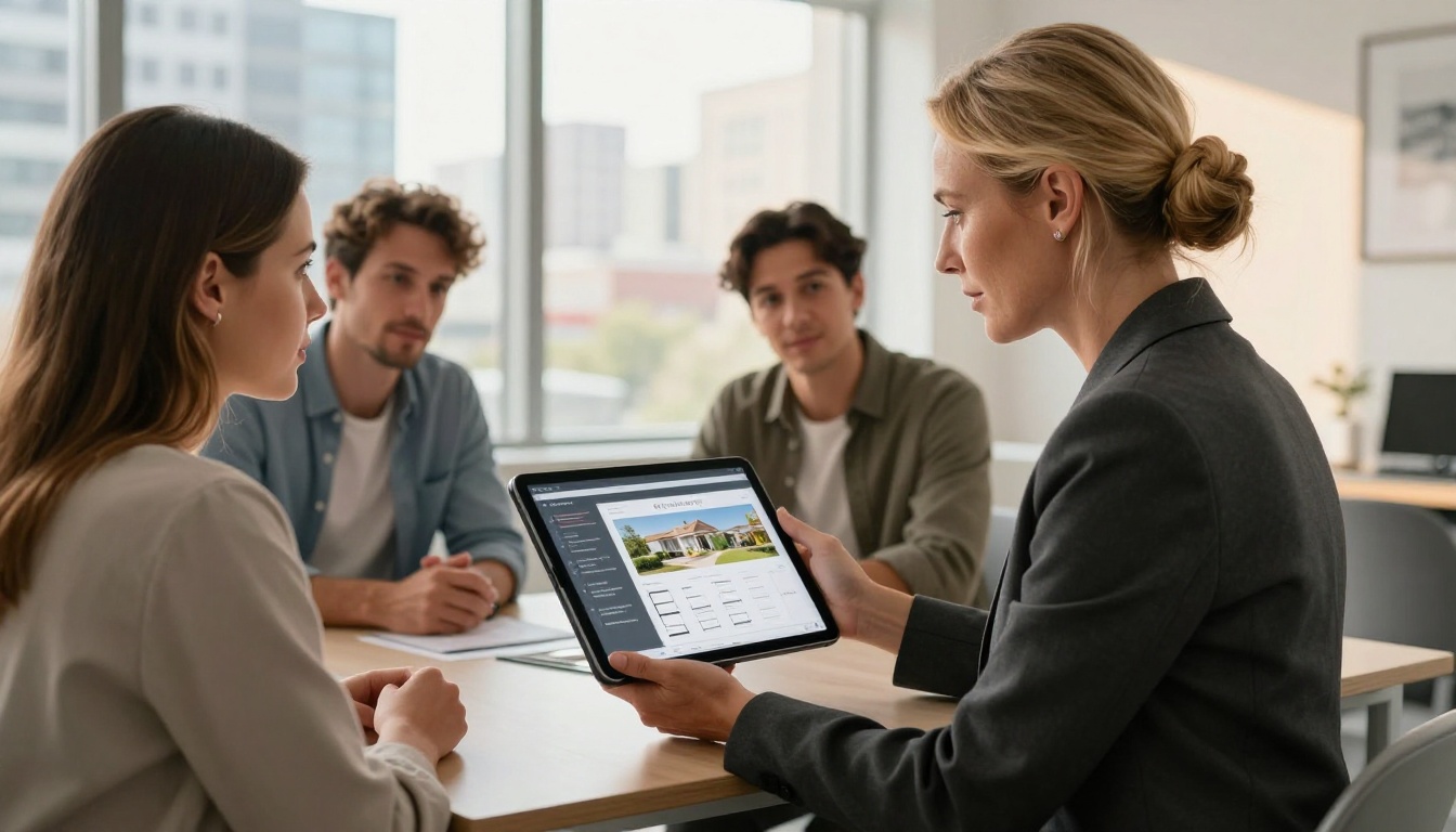 Real estate agent showing digital brochure flipbook on tablet to clients in modern office Real estate agent showing digital brochure flipbook on tablet to clients in modern office