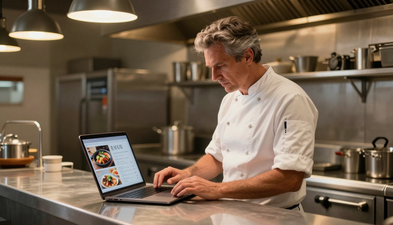 Restaurant owner reviewing digital menu flipbook design on laptop in professional kitchen Restaurant owner reviewing digital menu flipbook design on laptop in professional kitchen