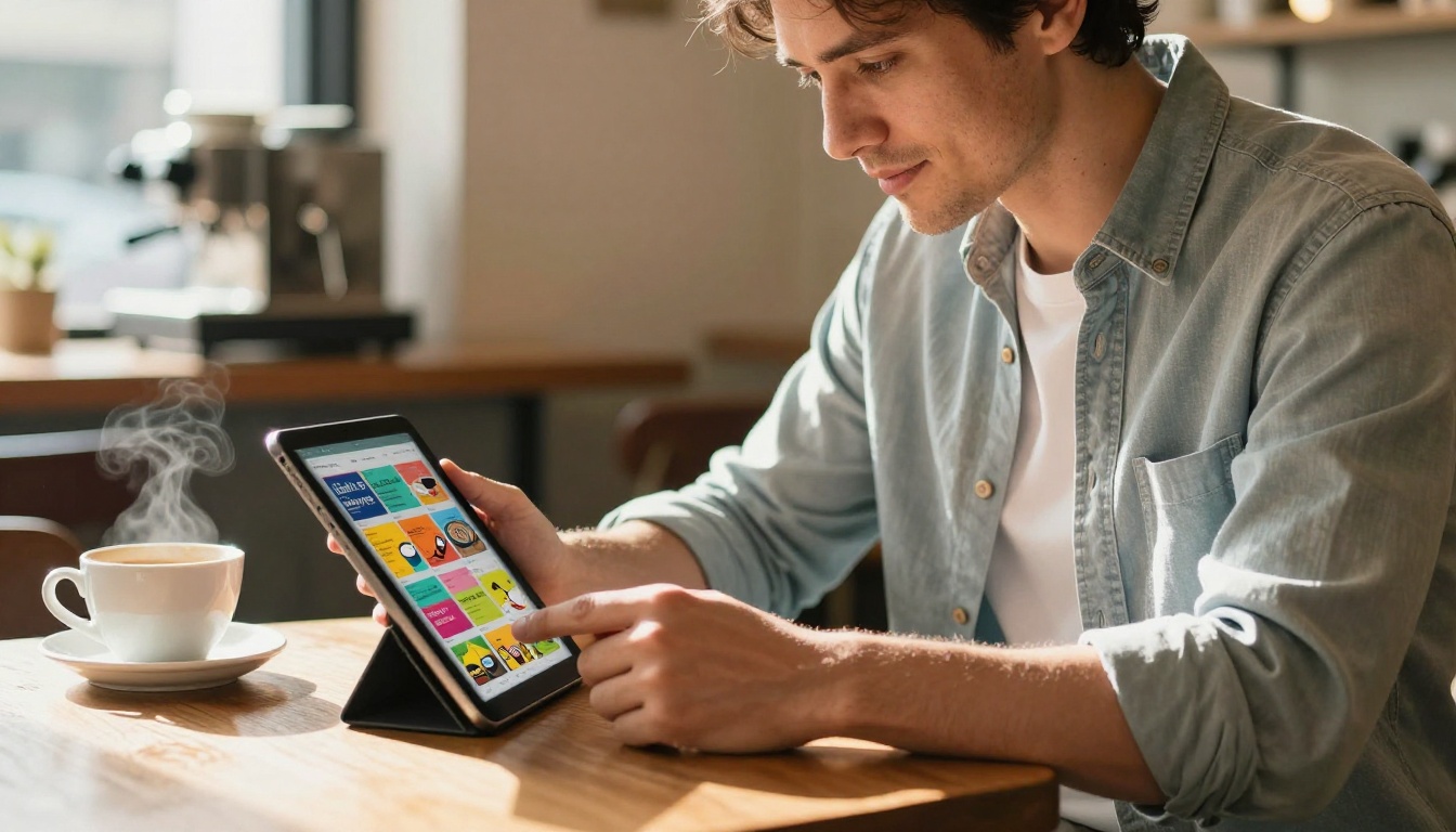 Small business owner reviewing digital catalog on tablet at a cafe